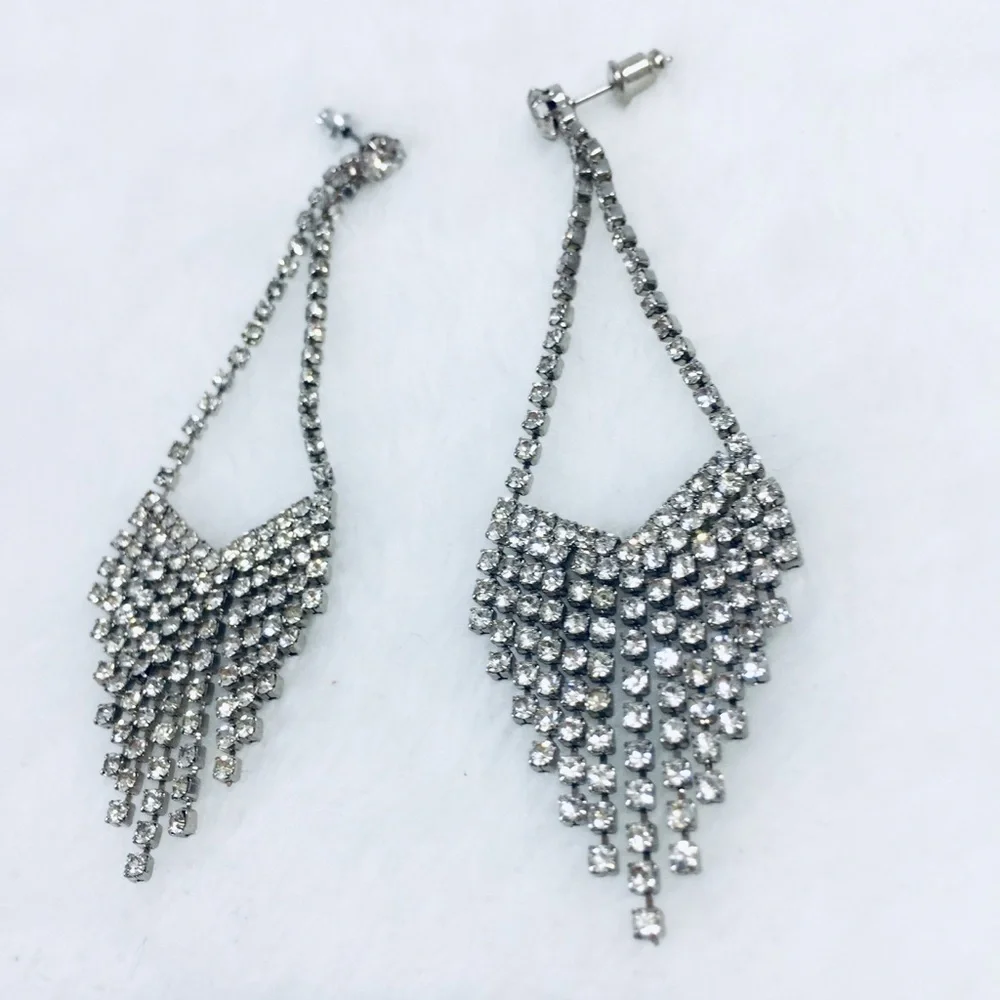 Silver Tone Post Pierced Earrings Clear Sparkling